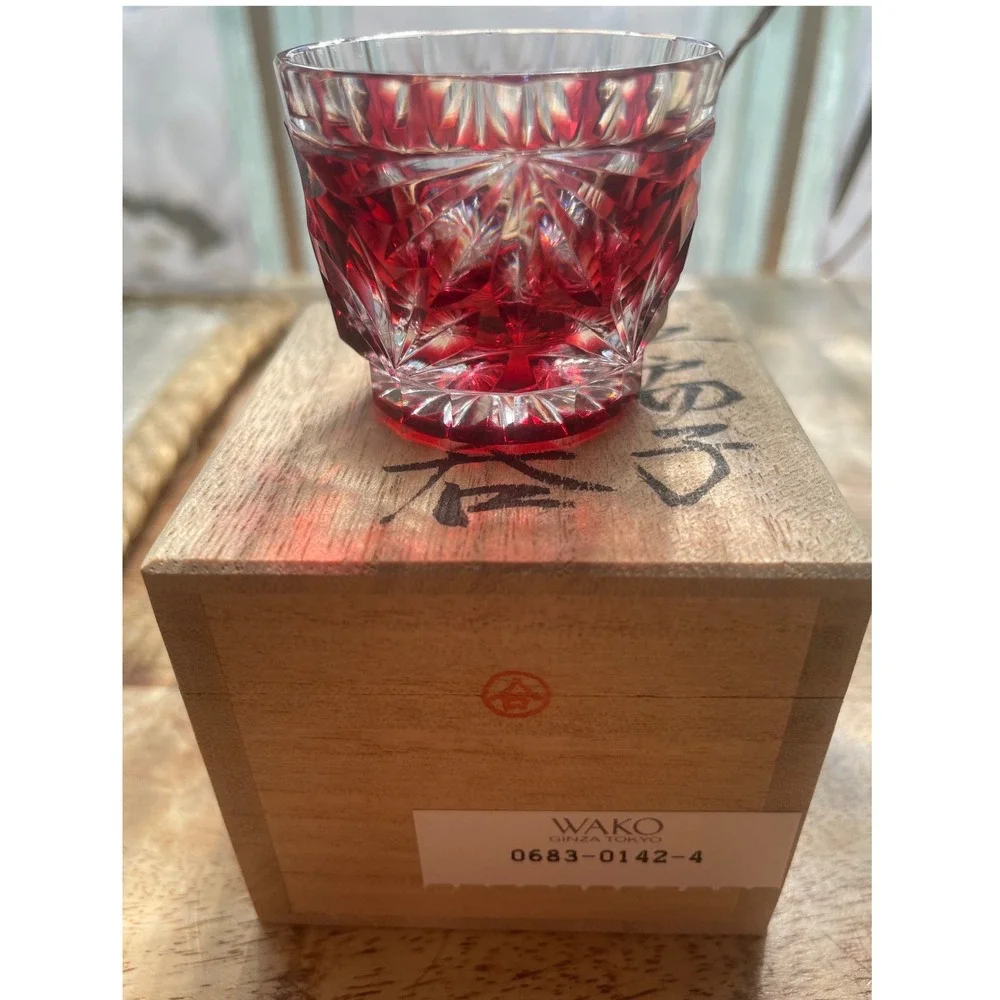 Vtg Wako Ginza Tokyo Edo Kiriko Ruby Red Cut Glass Sake Cup Guinomi Signed Boxed